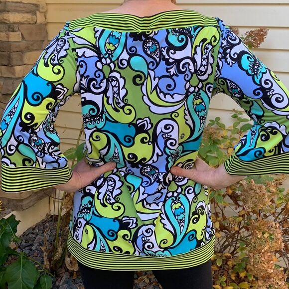 Cocomo 3/4 sleeve green, patterned blouse with boat neck, gorgeous, festive, L - Picture 2 of 7